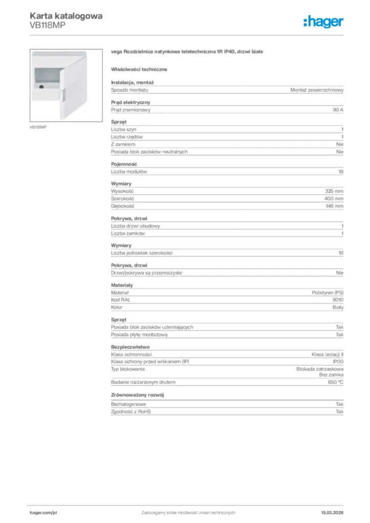 Zdjęcie Hager Karta katalogowa VB118MP | Hager Polska