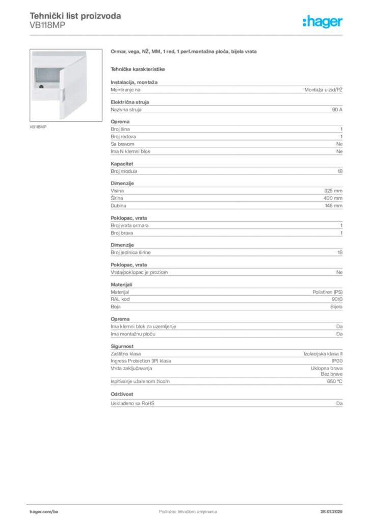 Slika Hager Product data sheet VB118MP  | Hager