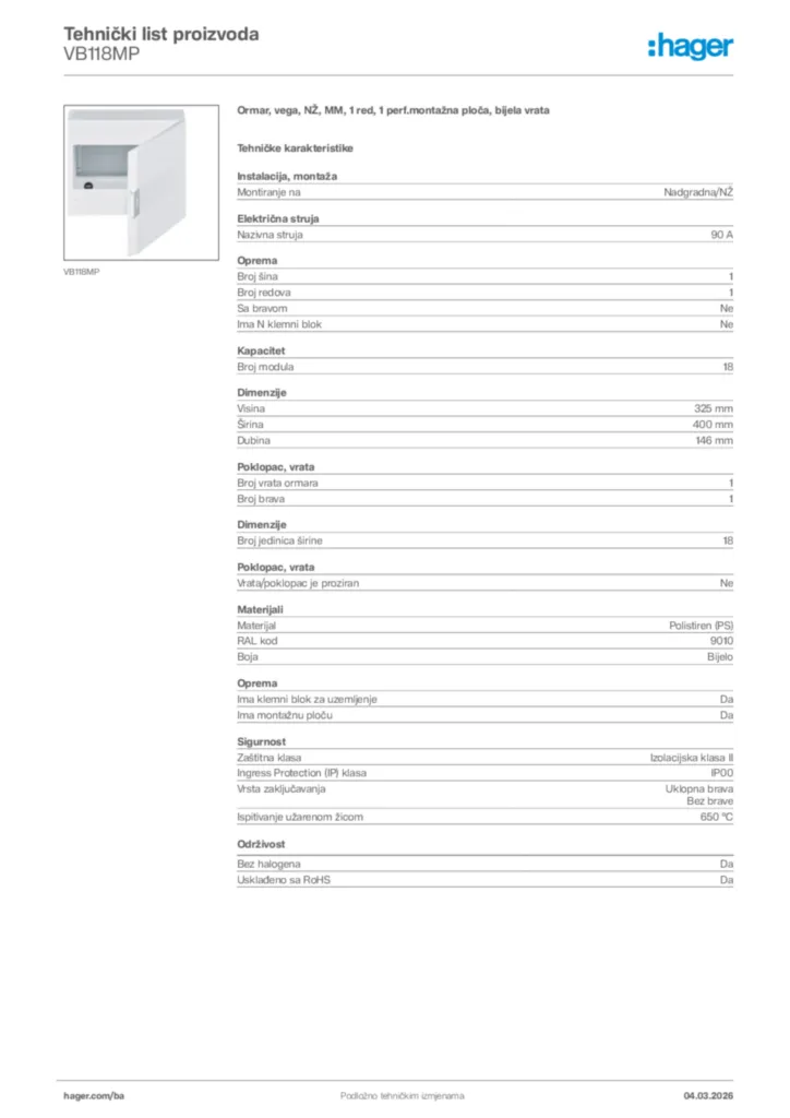 Slika Hager Tehnički list proizvoda VB118MP  | Hager