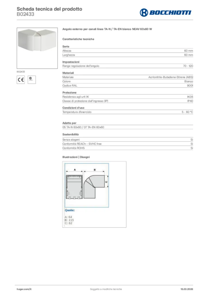 Immagine Bocchiotti Scheda tecnica del prodotto B02433 | Hager Italia