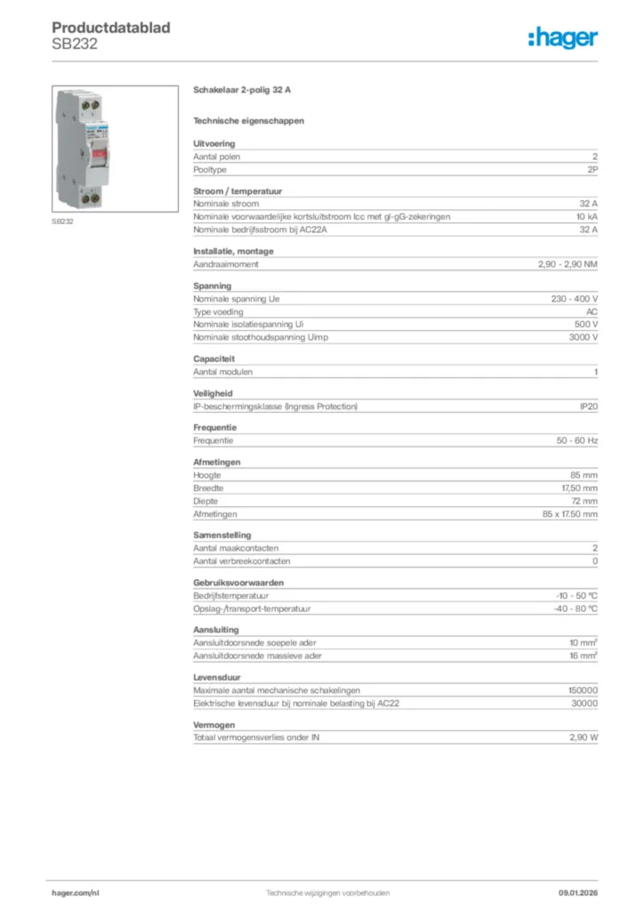 Afbeelding Hager Productdatablad SB232 | Hager Nederland