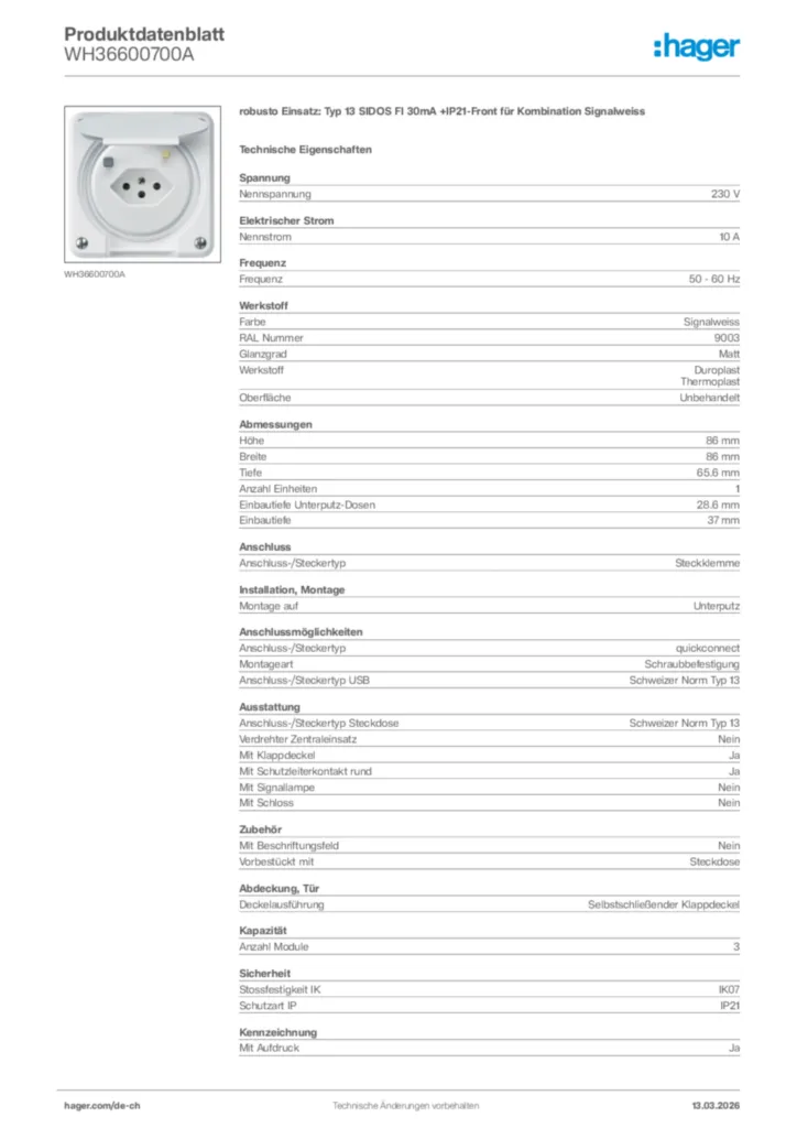 Bild Hager Produktdatenblatt WH36600700A | Hager Schweiz