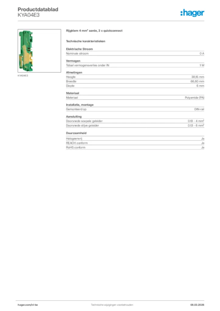 Afbeelding Hager Productdatablad KYA04E3 | Hager Belgium