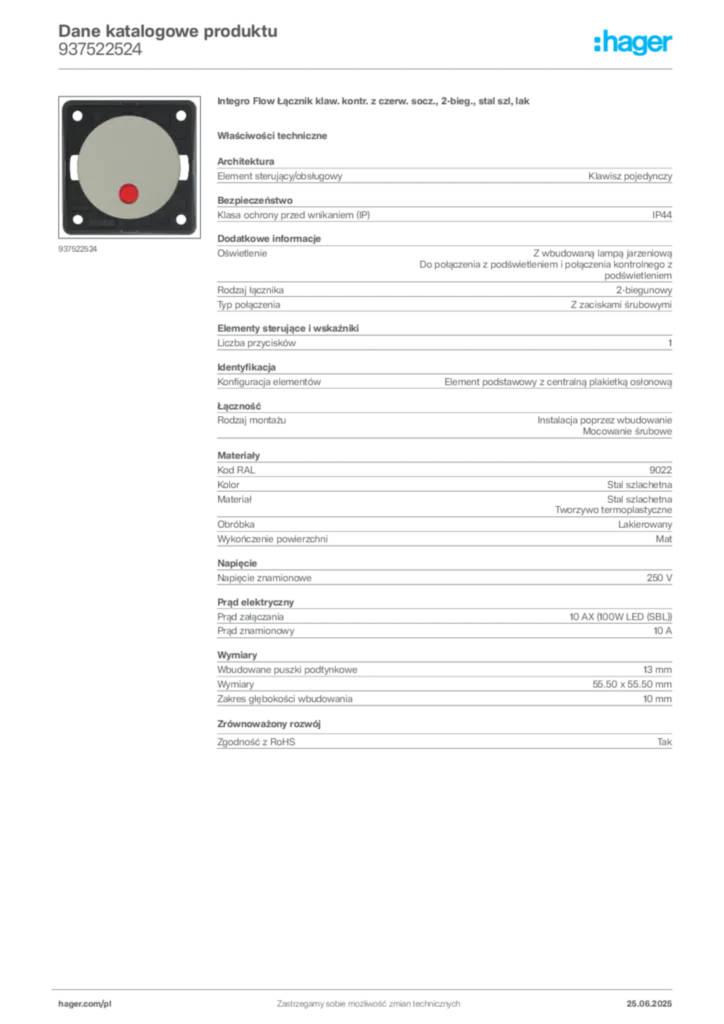 Zdjęcie Hager Karta katalogowa 937522524 | Hager Polska