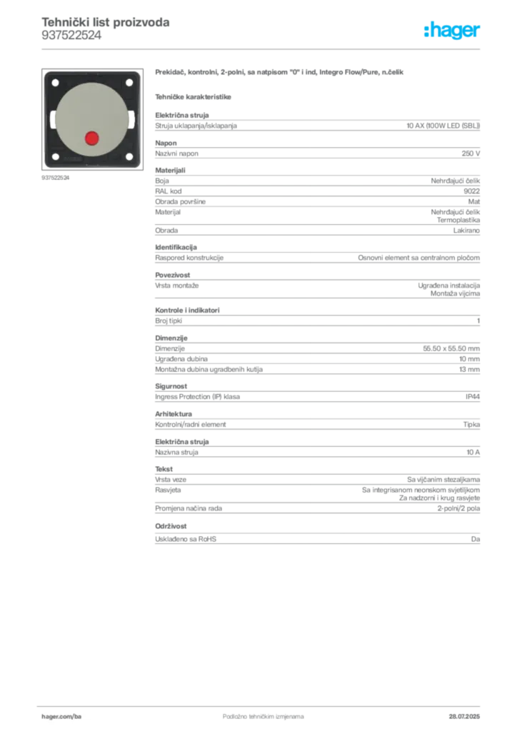 Slika Hager Product data sheet 937522524  | Hager