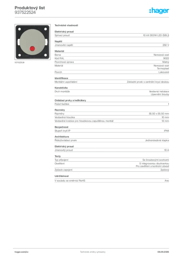 Obrázek Hager Produktový list 937522524 | Hager