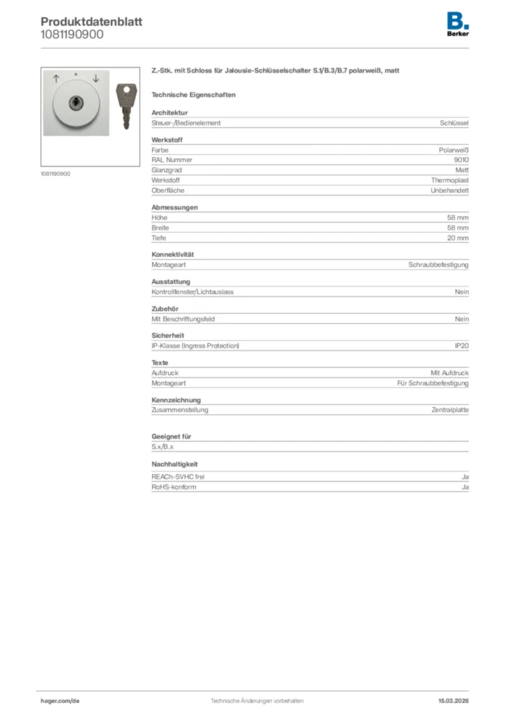 Bild Berker Produktdatenblatt 1081190900 | Hager Deutschland