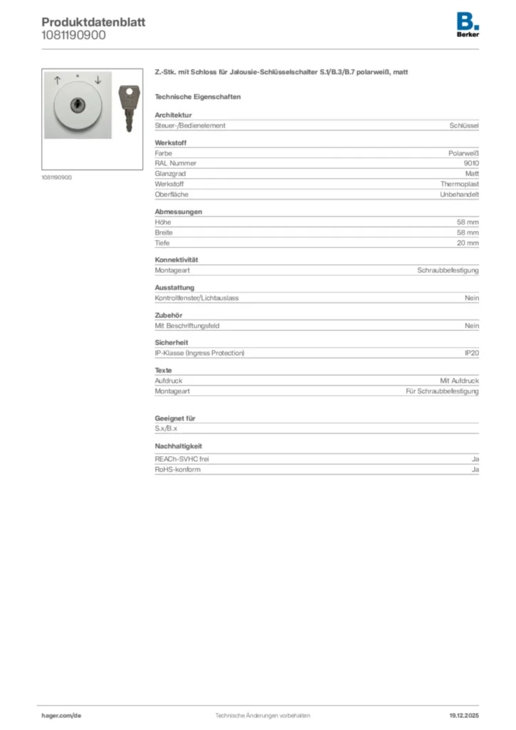 Bild Berker Produktdatenblatt 1081190900 | Hager Deutschland