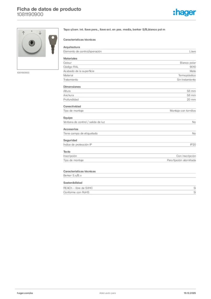 Imagen Hager Ficha de datos de producto 1081190900 | Hager España