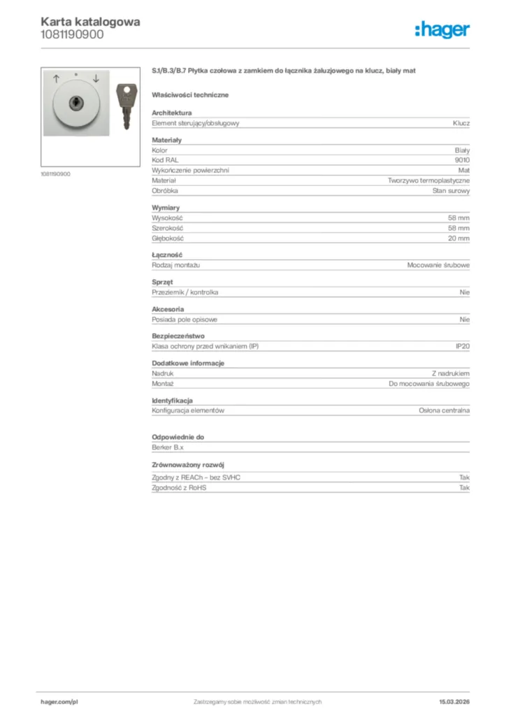 Zdjęcie Hager Karta katalogowa 1081190900 | Hager Polska
