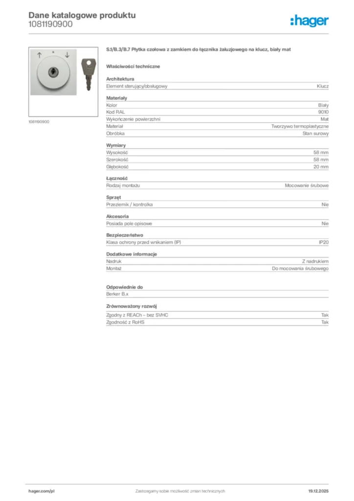 Zdjęcie Hager Karta katalogowa 1081190900 | Hager Polska