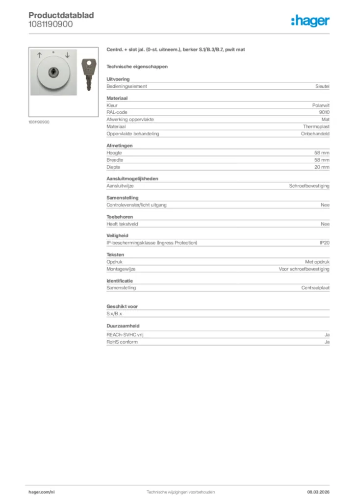 Afbeelding Hager Productdatablad 1081190900 | Hager Nederland