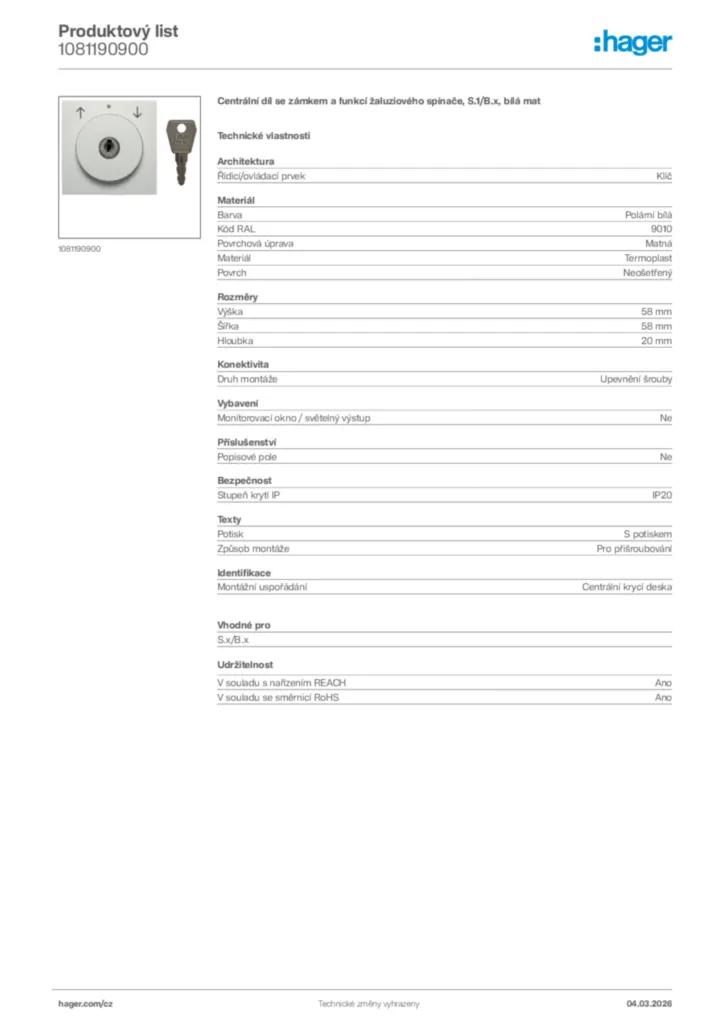 Obrázek Hager Product data sheet 1081190900 | Hager