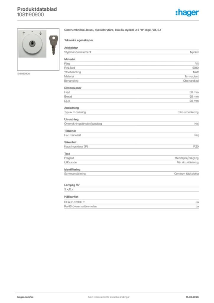 Bild Hager Produktdatablad 1081190900 | Hager Sverige