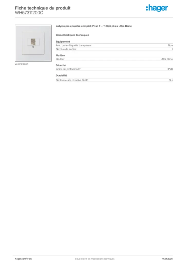 Image Hager Fiche technique du produit WH57311200C | Hager Suisse