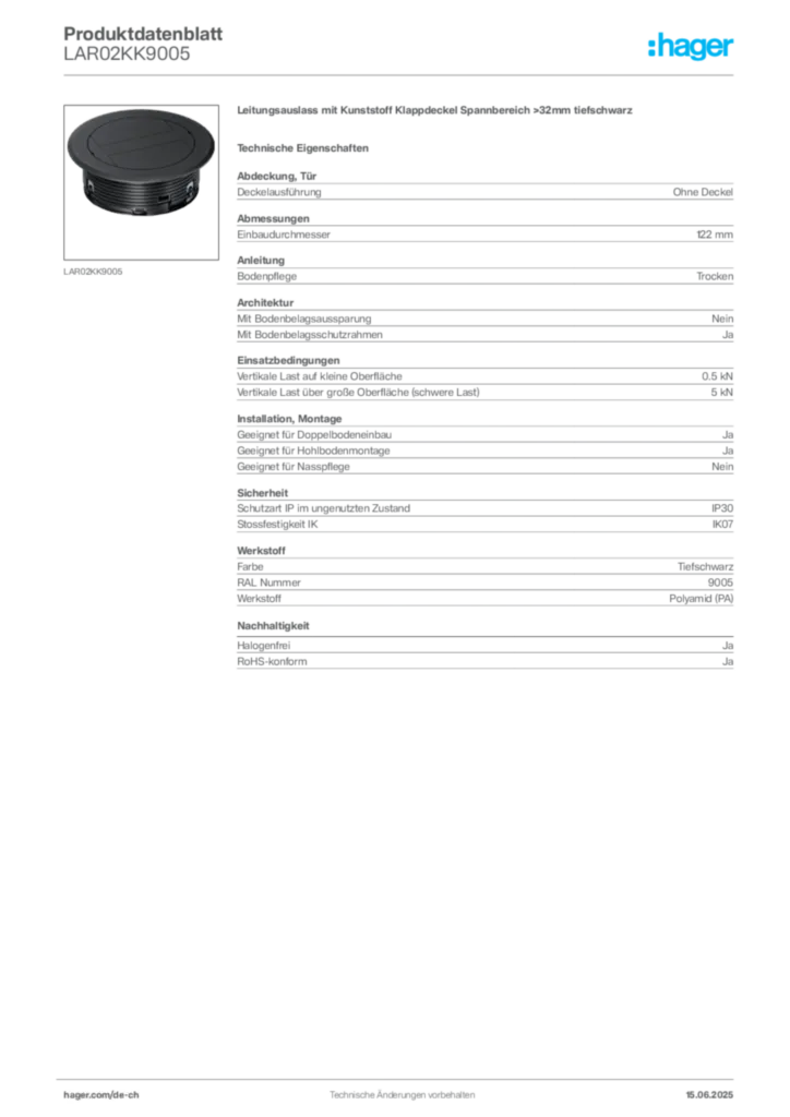 Bild Hager Produktdatenblatt LAR02KK9005 | Hager Schweiz