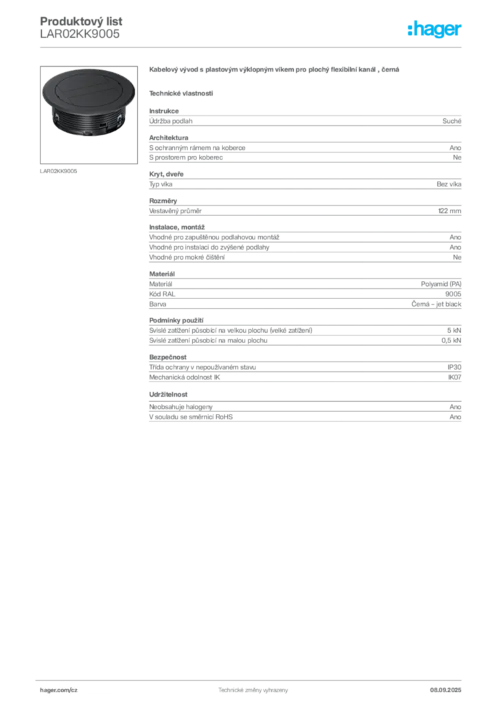 Obrázek Hager Produktový list LAR02KK9005 | Hager