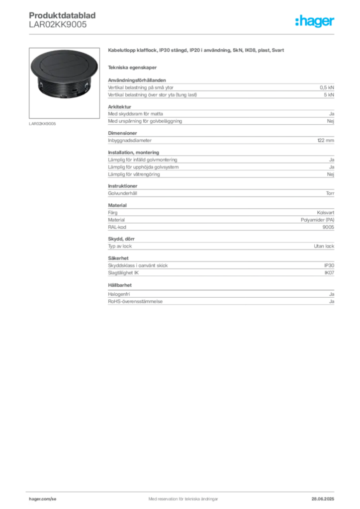 Bild Hager Produktdatablad LAR02KK9005 | Hager Sverige