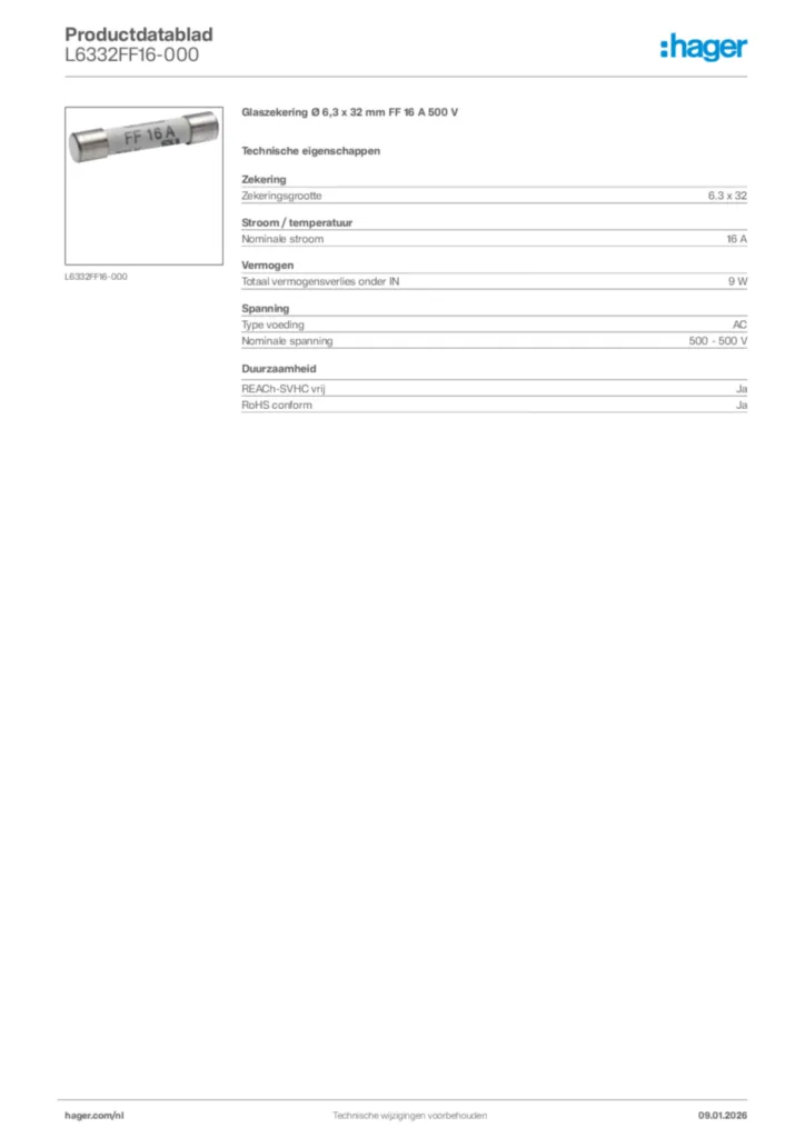Afbeelding Hager Productdatablad L6332FF16-000 | Hager Nederland