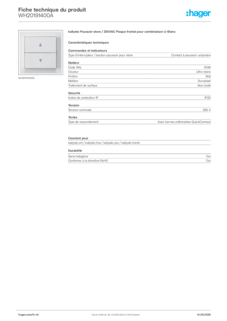 Image Hager Fiche technique du produit WH20191400A | Hager Suisse