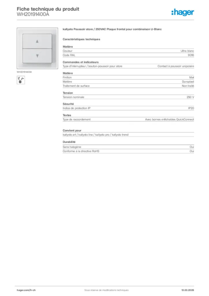 Image Hager Fiche technique du produit WH20191400A | Hager Suisse