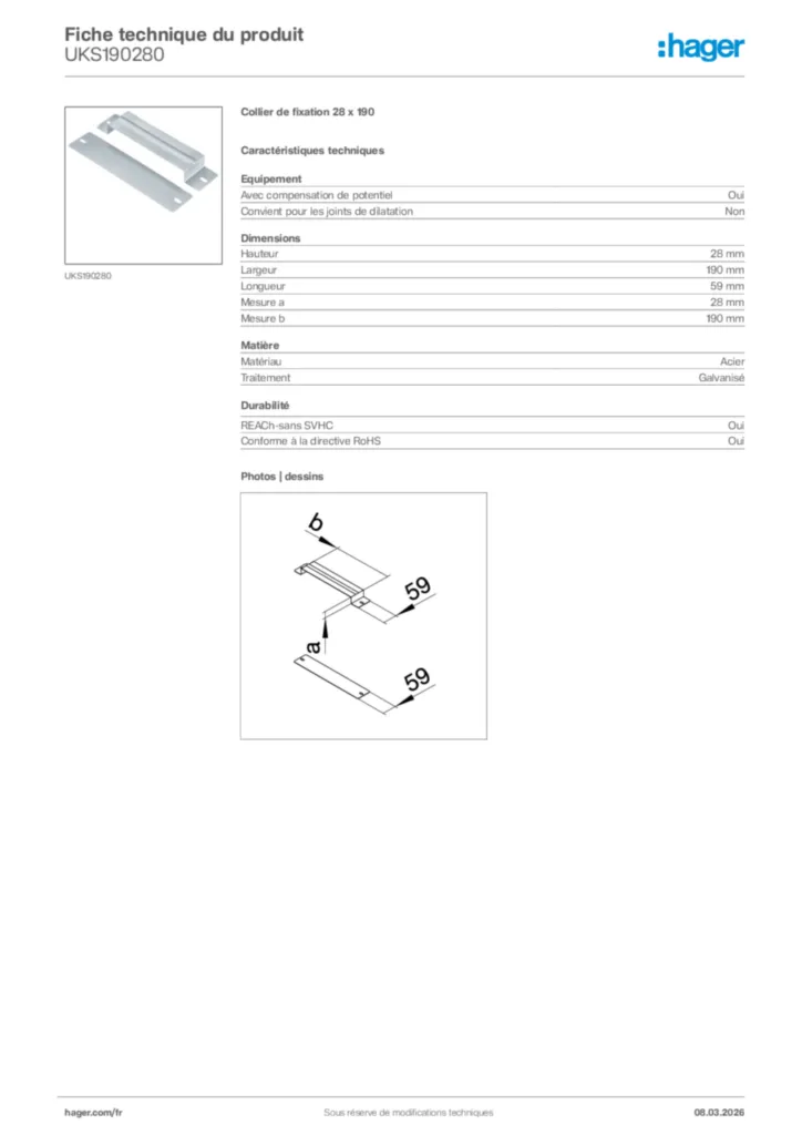Image Hager Fiche technique du produit UKS190280 | Hager France