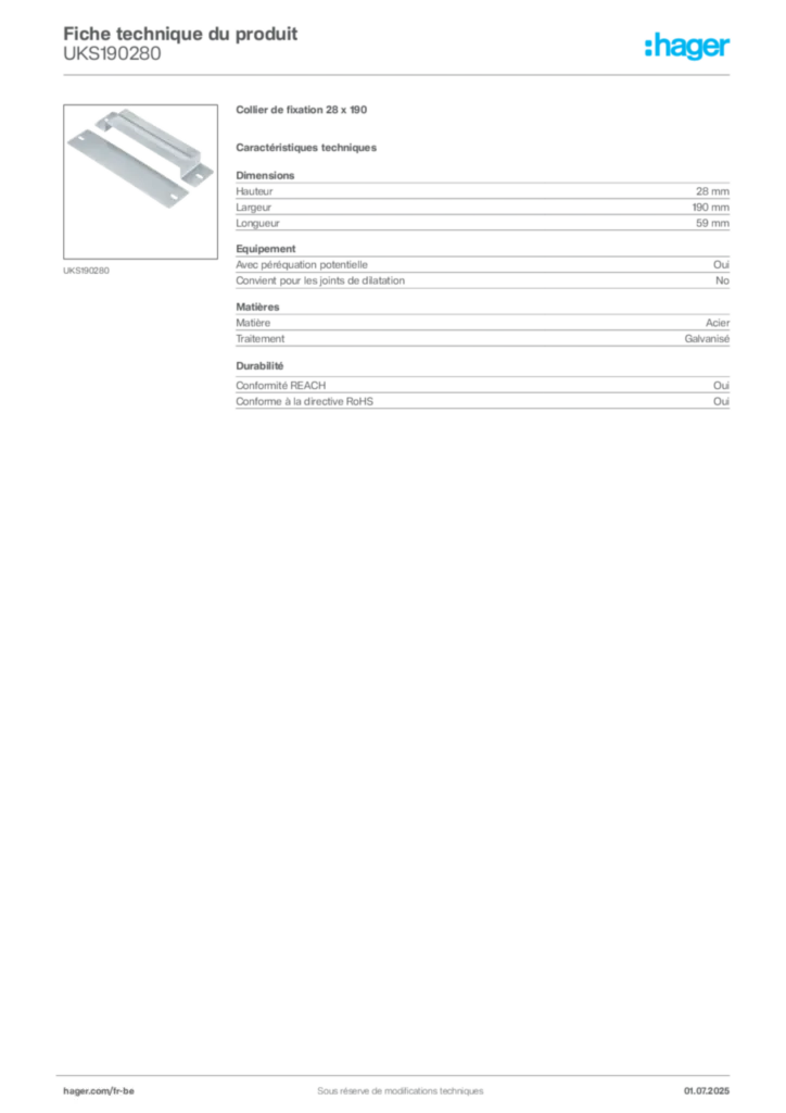 Image Hager Fiche technique du produit UKS190280 | Hager Belgique