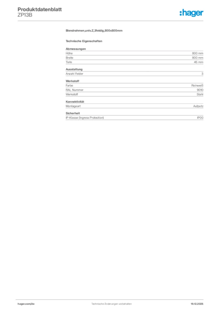 Bild Hager Produktdatenblatt ZP13B | Hager Deutschland