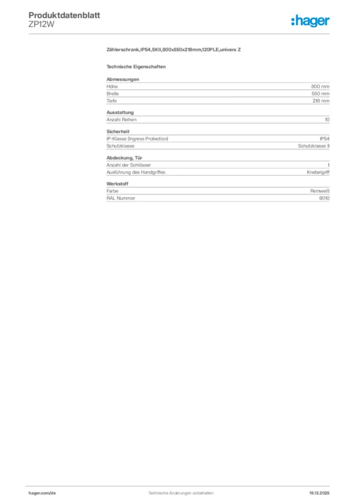 Bild Hager Produktdatenblatt ZP12W | Hager Deutschland
