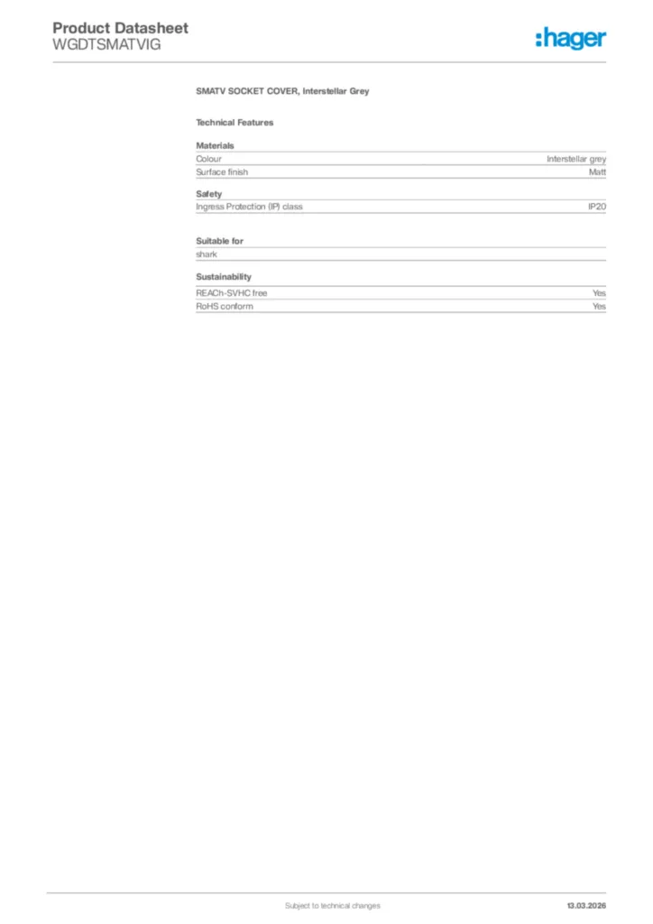 Image Hager Product data sheet WGDTSMATVIG  | Hager Africa