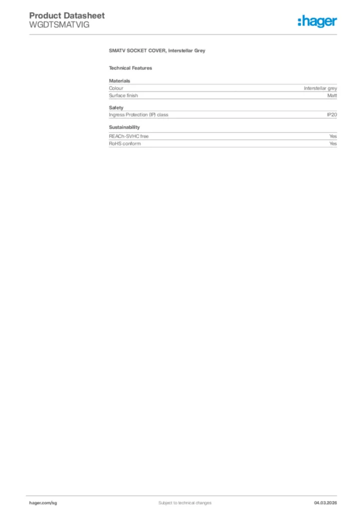 Image Hager Product data sheet WGDTSMATVIG  | Hager