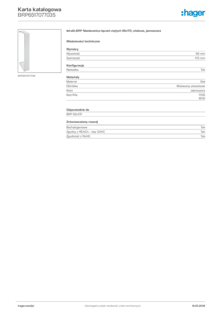 Zdjęcie Hager Karta katalogowa BRP6517077035 | Hager Polska
