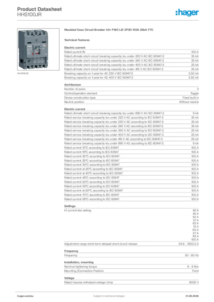 Image Hager Product data sheet HHS100JR  | Hager Australia