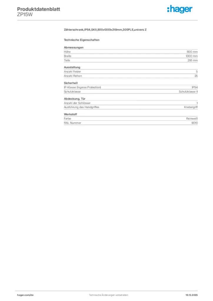 Bild Hager Produktdatenblatt ZP15W | Hager Deutschland