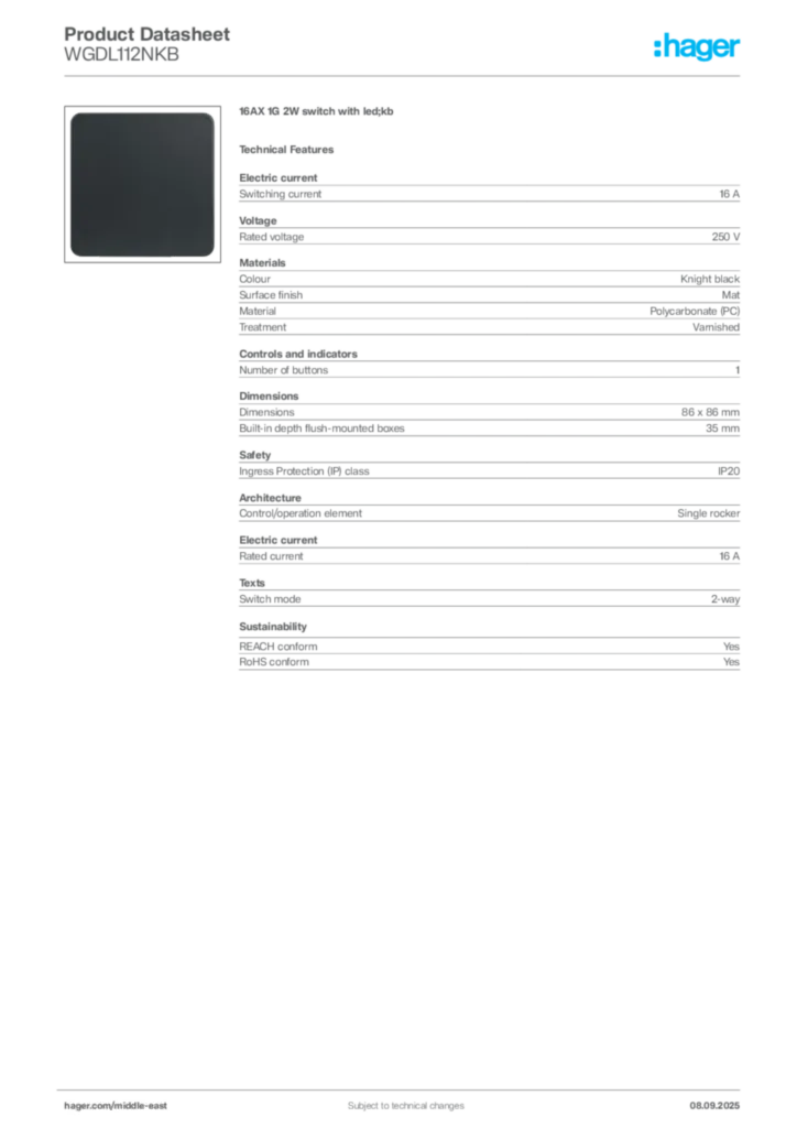 Image Hager Product data sheet WGDL112NKB  | Hager