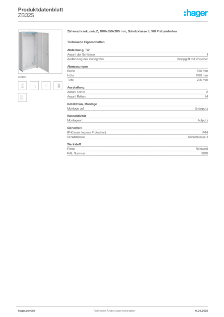 Hager Produktdatenblatt ZB32S