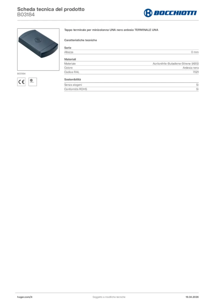 Immagine Bocchiotti Scheda tecnica del prodotto B03184 | Hager Italia