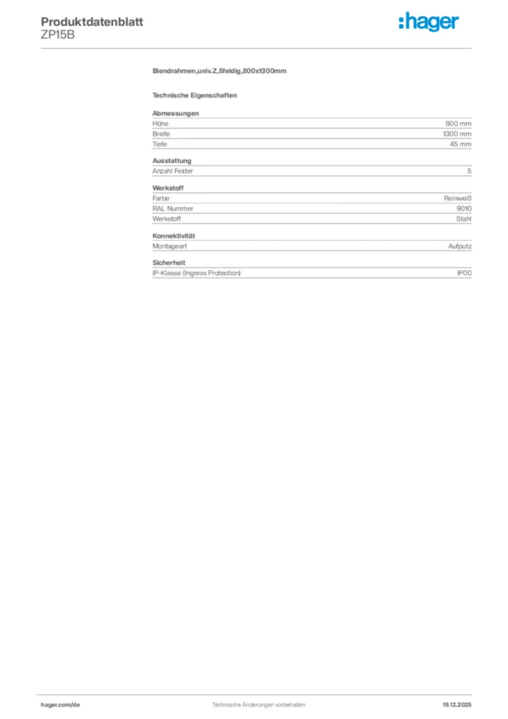 Bild Hager Produktdatenblatt ZP15B | Hager Deutschland