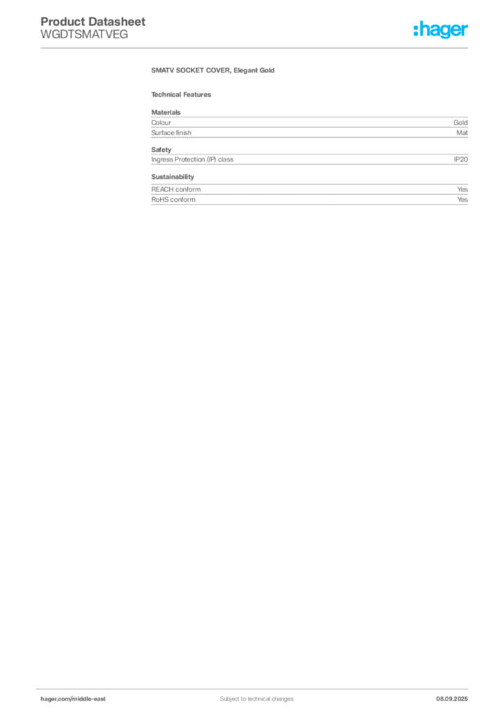 Image Hager Product data sheet WGDTSMATVEG  | Hager