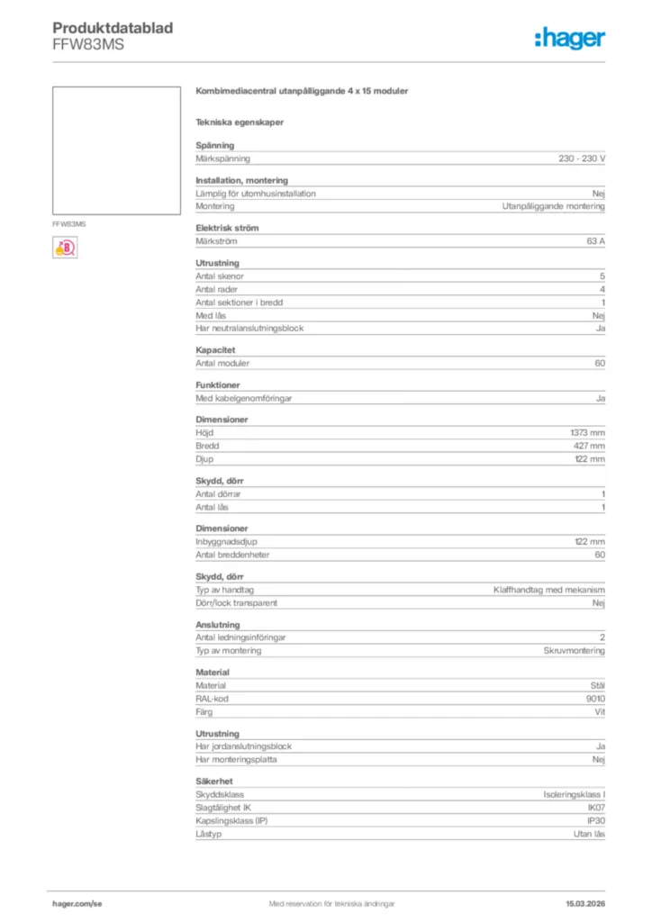Bild Hager Produktdatablad FFW83MS | Hager Sverige