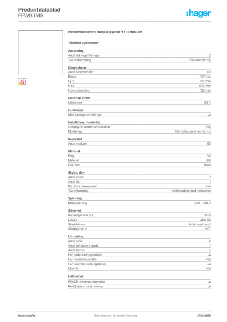 Bild Hager Produktdatablad FFW83MS | Hager Sverige