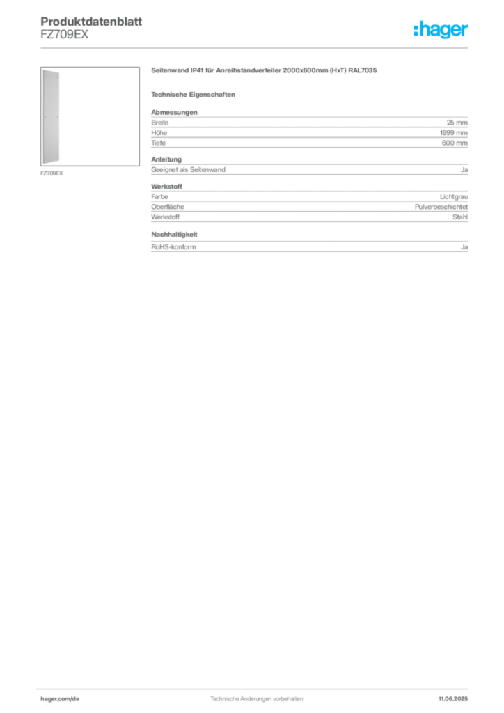Bild Hager Produktdatenblatt FZ709EX | Hager Deutschland