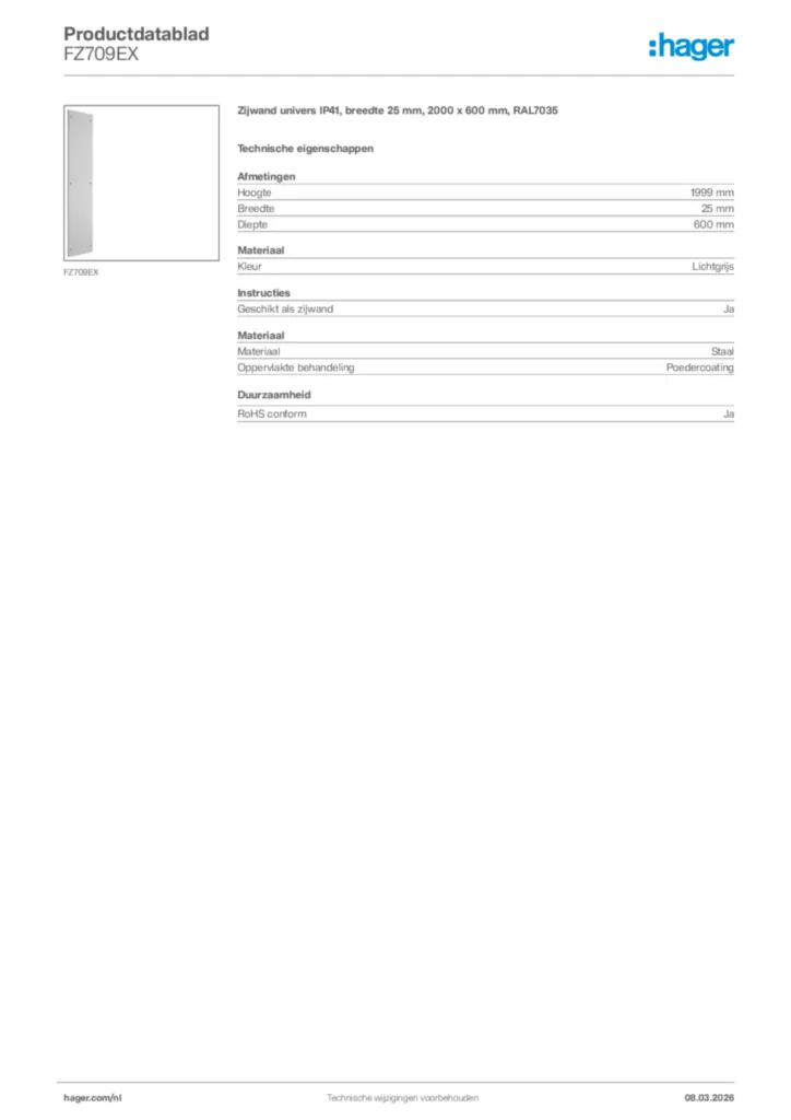 Afbeelding Hager Productdatablad FZ709EX | Hager Nederland