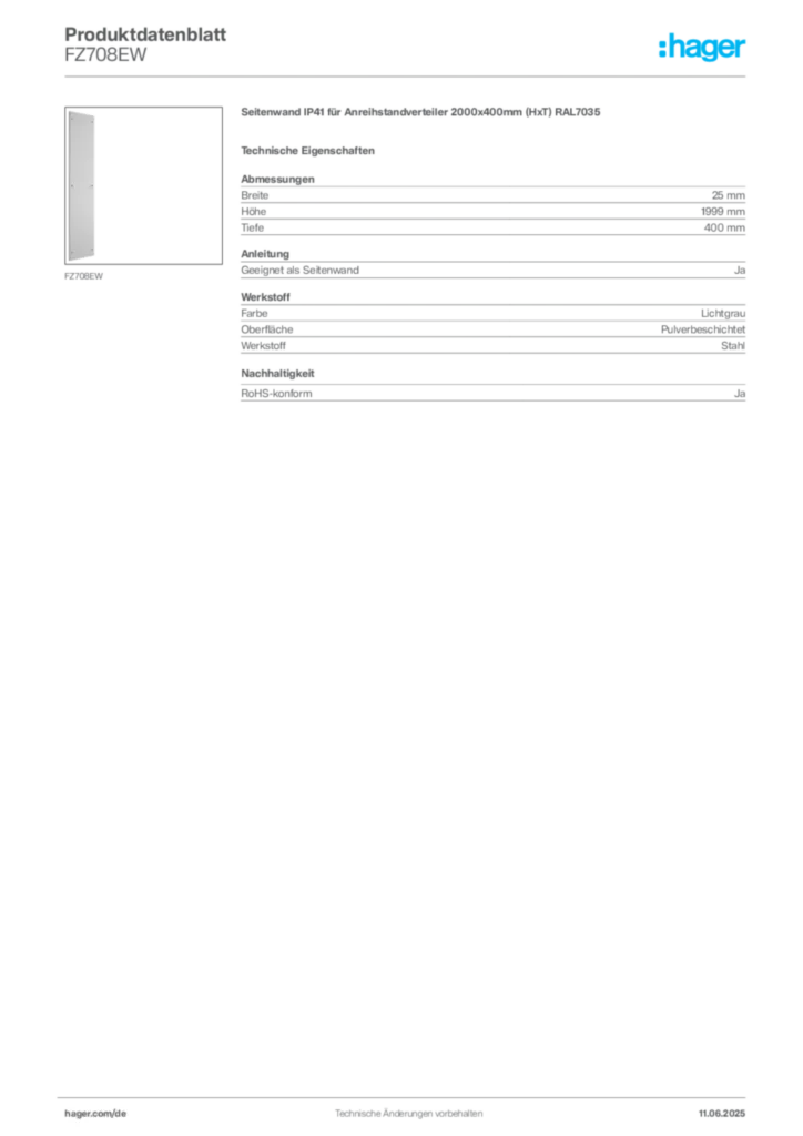 Bild Hager Produktdatenblatt FZ708EW | Hager Deutschland