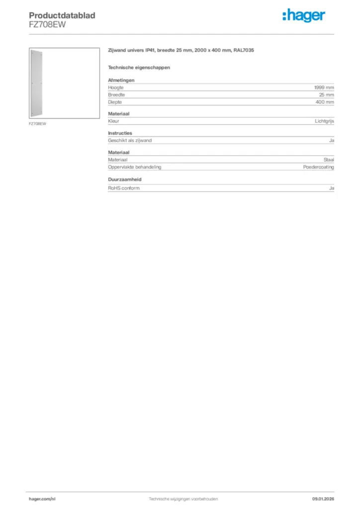 Afbeelding Hager Productdatablad FZ708EW | Hager Nederland