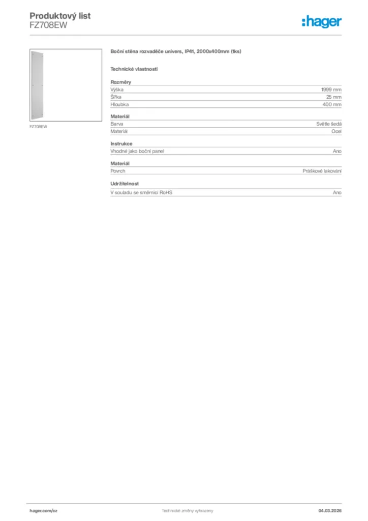 Obrázek Hager Product data sheet FZ708EW | Hager