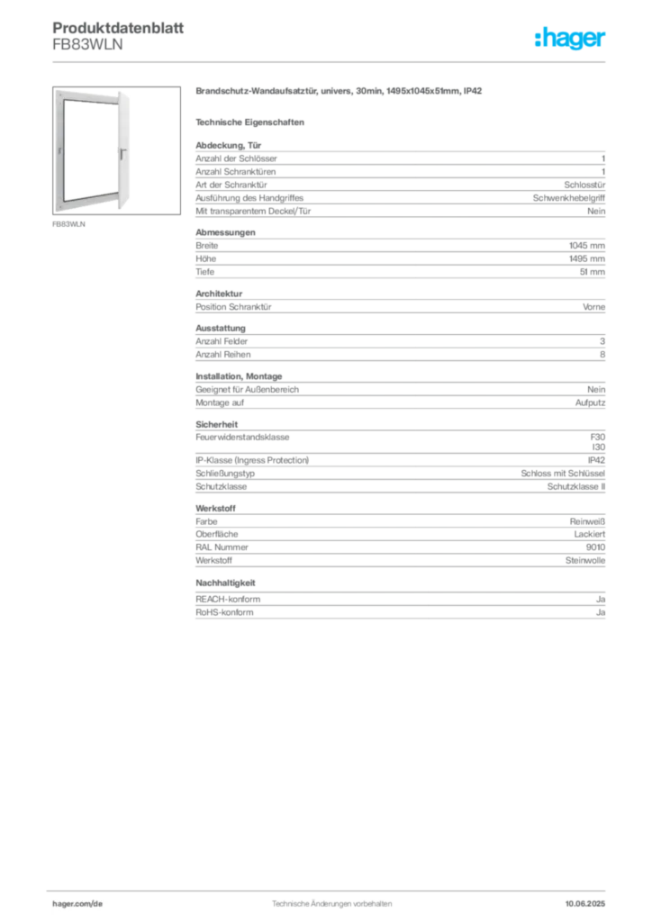 Hager Produktdatenblatt FB83WLN
