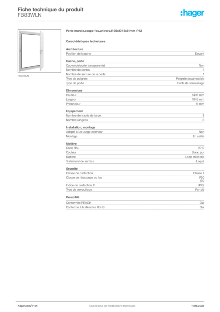 Image Hager Fiche technique du produit FB83WLN | Hager Suisse