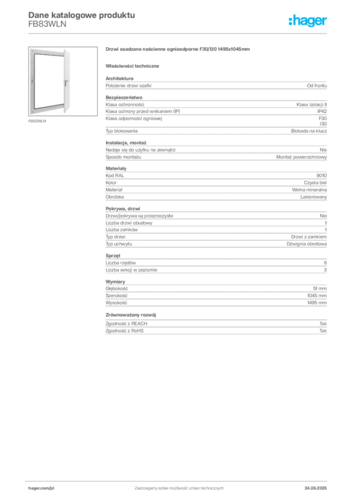 Zdjęcie Hager Karta katalogowa FB83WLN | Hager Polska