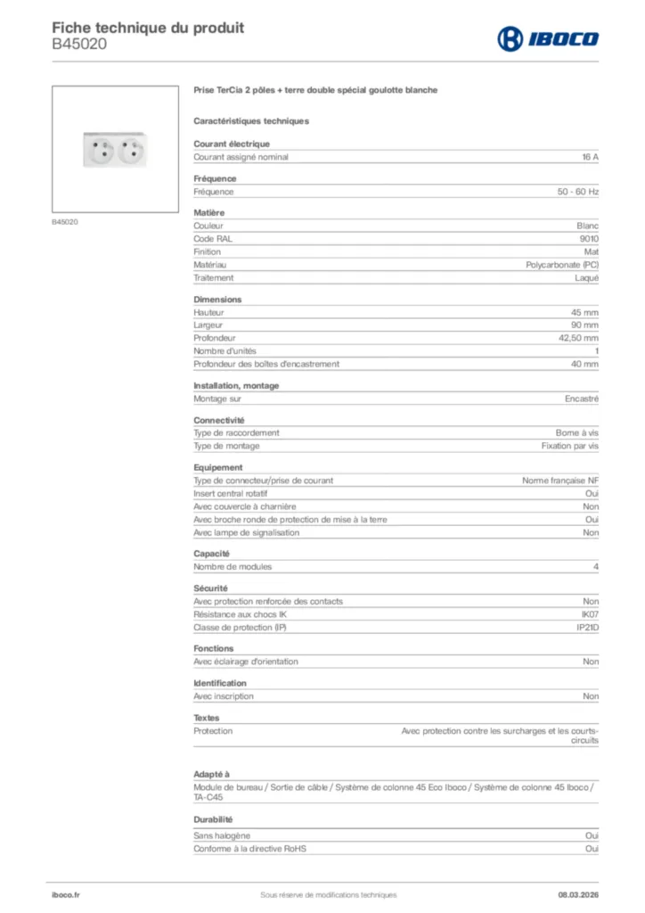 Image Iboco Fiche technique du produit B45020 | Hager France